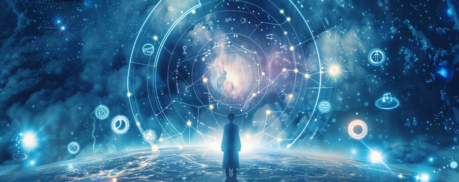 Zodiac Astral Projection: A mystical figure astral projecting, with zodiac symbols glowing around them as they journey through the cosmos
