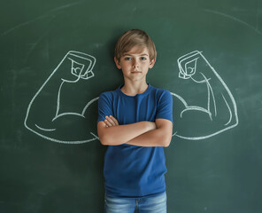 Confident Boy Standing with Arms Crossed in Front of Chalkboard with Drawn Muscles