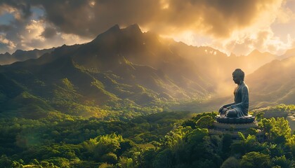 A serene landscape featuring a giant Buddha statue overlooking a lush green valley and mountains in the distance