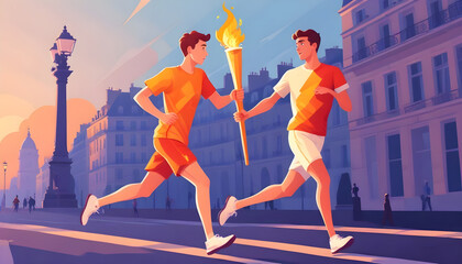 Two runners pass a Olympic  torch to one another while running down a cobblestone street in Paris 2024