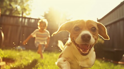 A happy dog runs through the grass, chasing after a young boy. The sun is shining brightly, and the dog's face is filled with joy.
