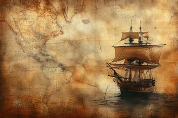 ancient navigation map with pirate ship pattern on old paper  texture , old fantasy vintage border  grunge background, wallpaper