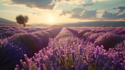 Fototapeta premium A lavender field landscape, sunny day. Generative AI.