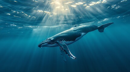 Fototapeta premium A majestic humpback whale glides gracefully through the deep blue ocean, its enormous body shimmering in the sunlight.