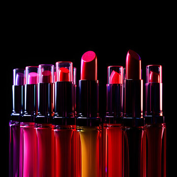 A product shot of a colorful array of various lipstick shades with a dark background with reclections