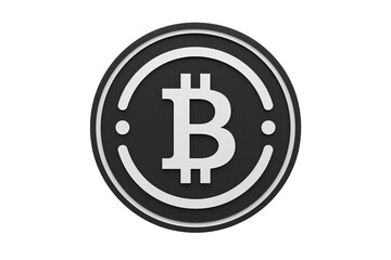 Obraz premium A 3D rendering of the Bitcoin symbol displayed prominently on a black circular background isolated on white background. PNG file.