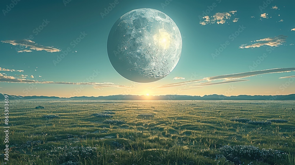 Aufkleber An half moon in the horizon and a big green field with a perpendicular and a not visible sun. Generative AI.