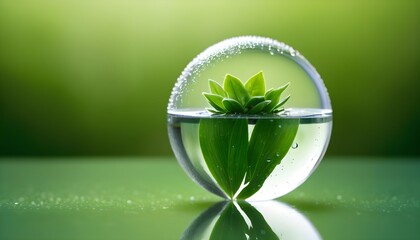 A glass sphere filled with water, reflecting a green plant and surrounded by water droplets on a blurred green background