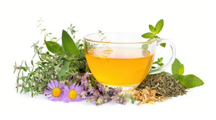 A soothing herbal tea with fresh herbs and flowers, styled to perfection, isolated with space for copy