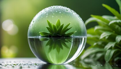 A glass sphere filled with water, reflecting a green plant and surrounded by water droplets on a blurred green background