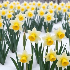 Yellow daffodil flowers blooming in the snow, with green leaves and stems against a white background 