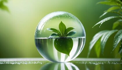 A glass sphere filled with water, reflecting a green plant and surrounded by water droplets on a blurred green background