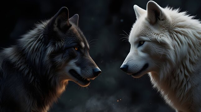 white versus black wolves duel of good and evil concept art.generative.ai