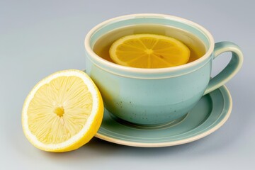 A vibrant cup of green tea with a slice of lemon, styled elegantly, isolated with room for text