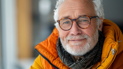 A close-up portrait of an elderly man with white hair, wearing glasses and a bright orange jacket, looking directly at the camera with a gentle smile