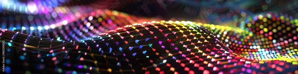 Poster abstract triangular grid with a holographic effect, shifting colors as it moves on a black backgroun