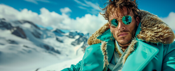 Obraz premium A man wearing a bright turquoise coat with a fur collar and mirrored sunglasses stands against a backdrop of snow-capped mountains