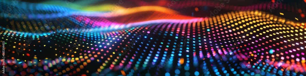 Poster abstract triangular grid with a holographic effect, shifting colors as it moves on a black backgroun