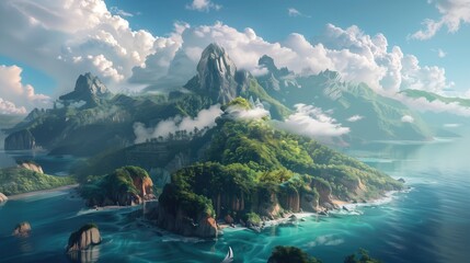 Tropical island aerial drone view with high green forest and mountains surrounded by turquoise ocean waters, blue sky and clouds and sailing boat