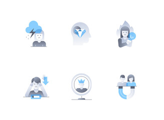 Emotional and psychological problems - flat design style icons set. High quality colorful images of depression, burnout, lack of energy, fatigue, narcissism, codependency and brilliant idea