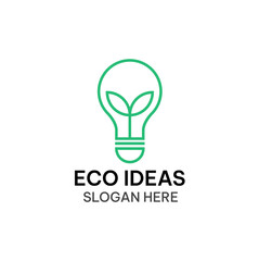 Eco idea logo template in line art style. Leaf and light bulb vector illustration