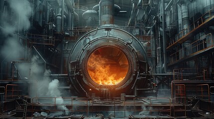 A very large smelting furnace, industrial, steam. Generative AI.