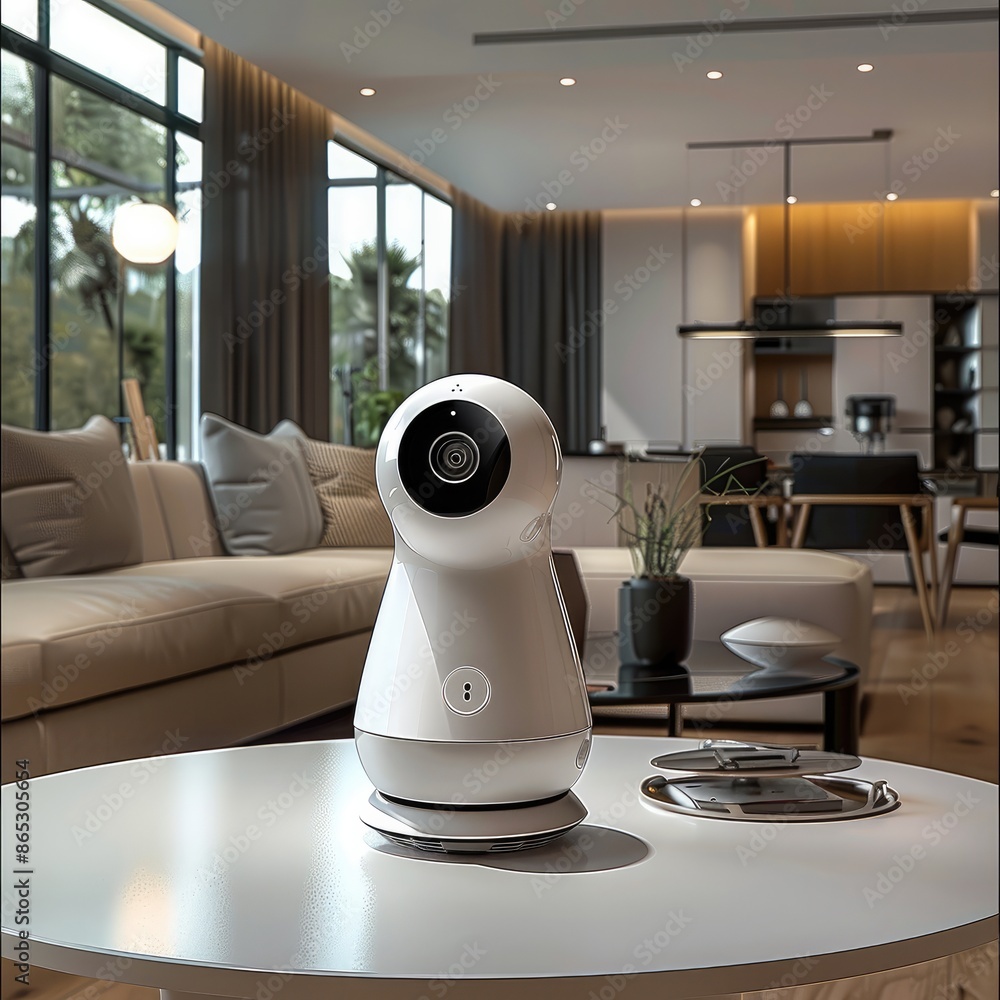 Poster An indoor security camera. The camera placed on a modern table in a contemporary-style house. Generative AI.