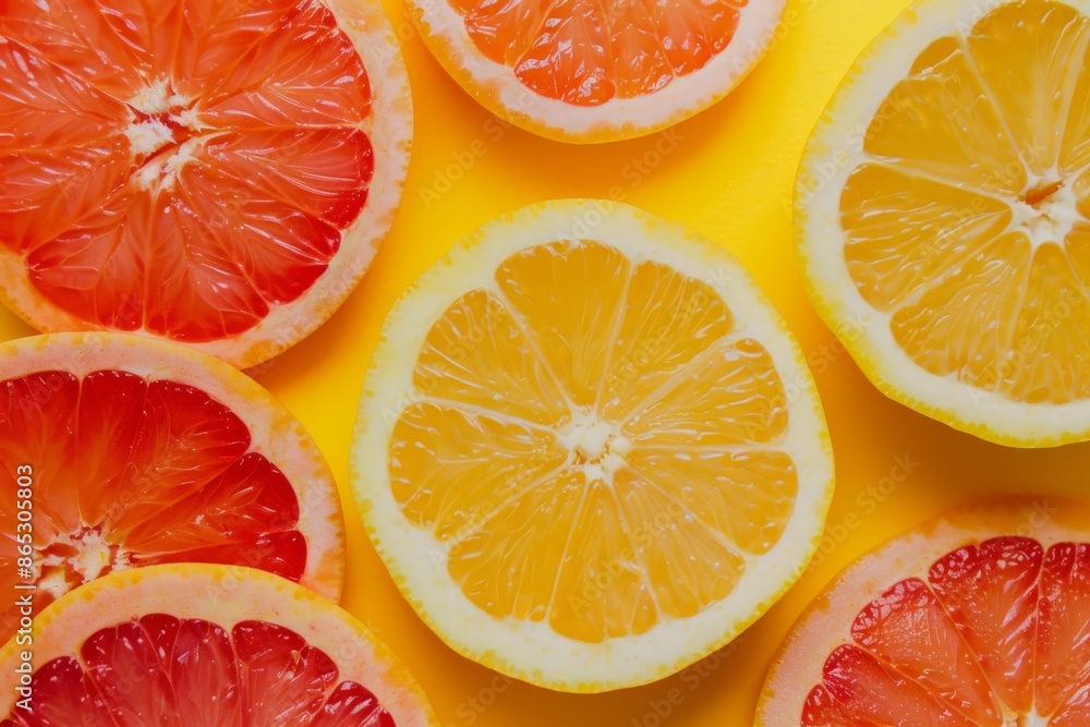 Poster fresh grapefruit and lemon slices on yellow background create a vibrant citrus pattern, promoting he