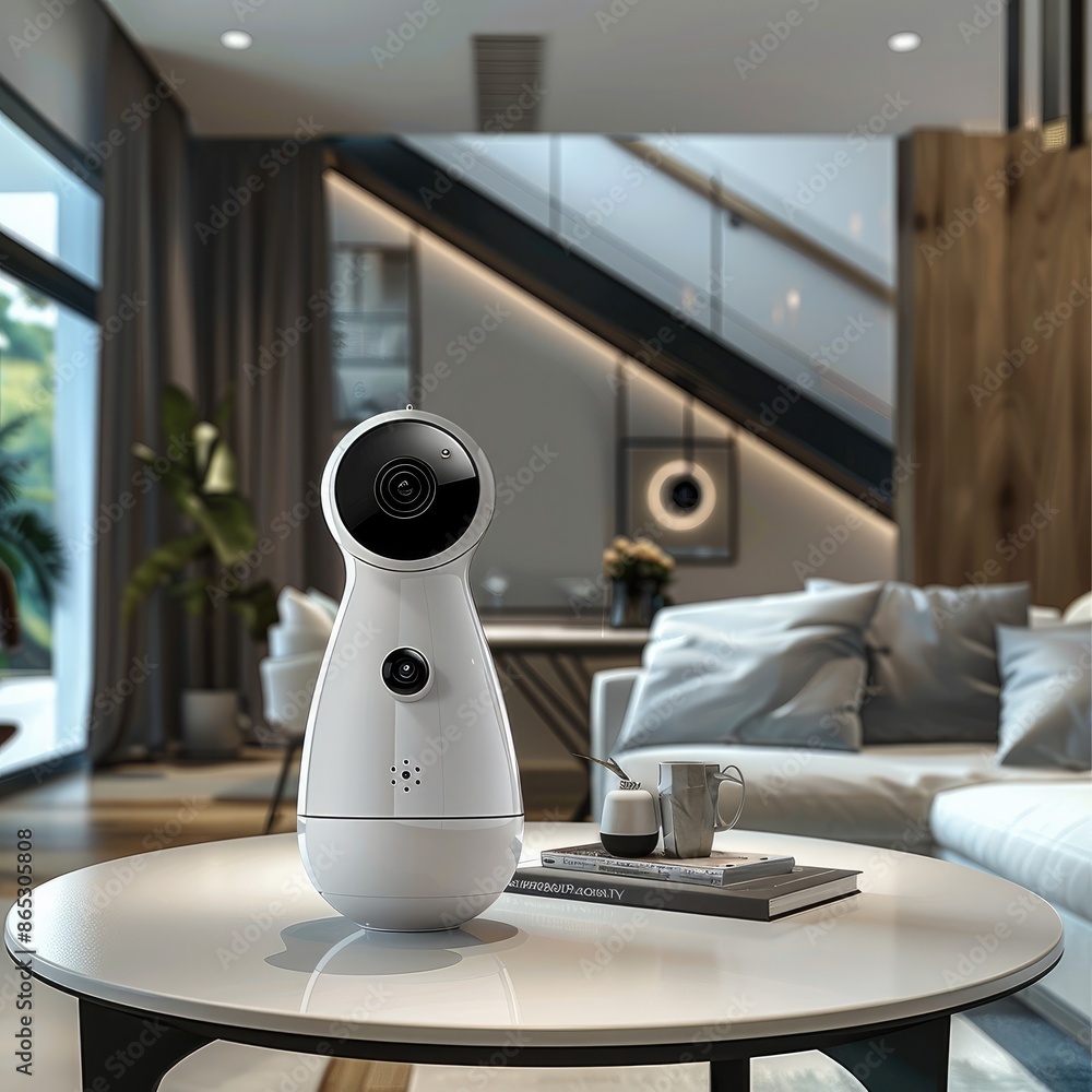 Aufkleber an indoor security camera. the camera placed on a modern table in a contemporary-style house. genera