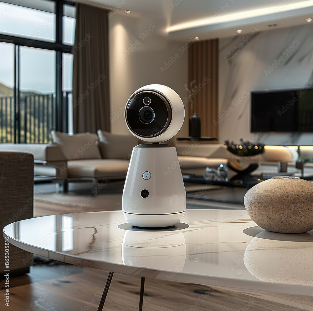 Aufkleber an indoor security camera. the camera placed on a modern table in a contemporary-style house. genera