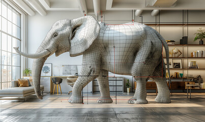 Fototapeta premium Elephant Wireframe Model in Modern Office