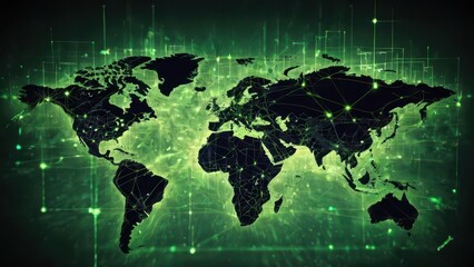 Obraz premium A futuristic illustration of a world map with glowing digital connections with green light representing global network and technology communication