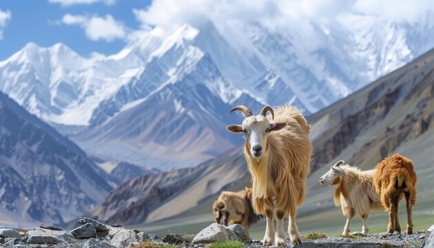 Kashmir goats in picturesque Zanskar landscape with snowy peaks North India