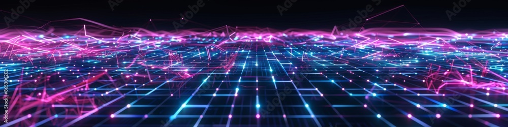 Poster dark grid abstract background with minimalist tech elements and futuristic hub connections, softly g