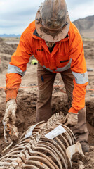 Fototapeta premium A paleontologist, filled with excitement, uncovering a dinosaur fossil in a remote excavation site