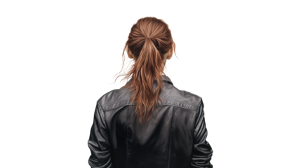 Young woman back view cutout. Woman in jacket from back view on transparent background