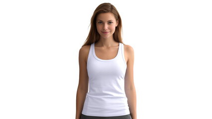 Fototapeta premium Young woman with white tank top front view cutout