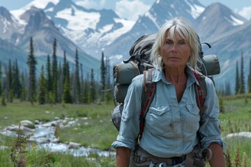 Senior Woman Hiking With Backpack in Mountain Valley