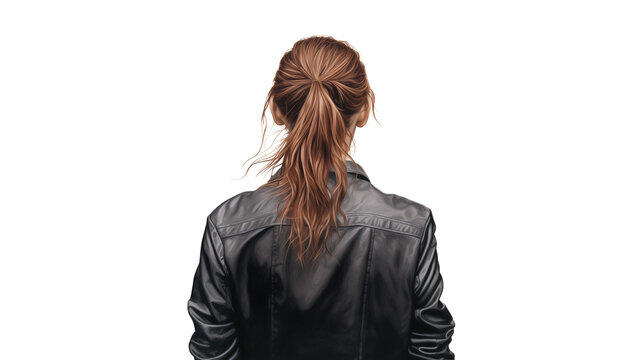 Young woman back view cutout. Woman in jacket from back view on transparent background