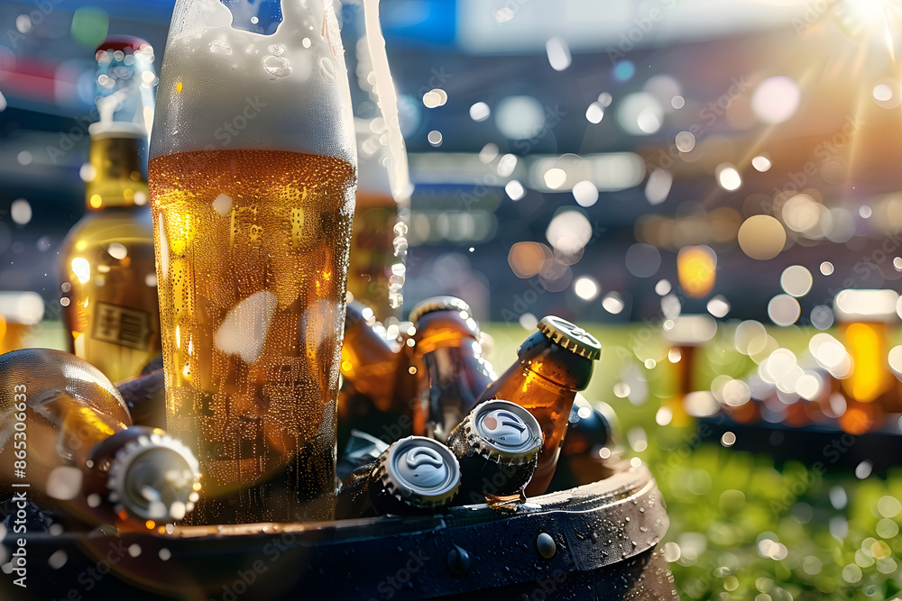 Poster Tailgate Party Banner with Ice-Cold Beers in a Stadium Setting for Promotional Design