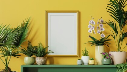 Living room interior with gold frame on green shelf trendy pots with plants Elegant home decor with personal accessories Greenery filled template