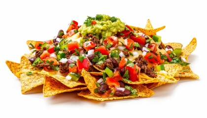Loaded nachos with beef guacamole salsa beans and peppers Isolated on a white background