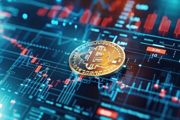 Bitcoin token on a digital financial chart, representing cryptocurrency trading and blockchain technology in the financial market.
