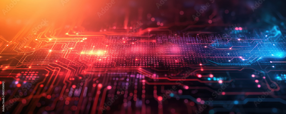 Poster close-up of a digital circuit board with glowing red and blue lights. concept of modern technology a