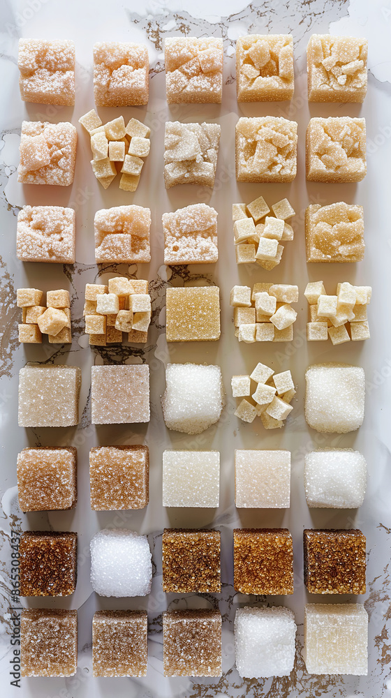 Poster Variety of Sugar Types from Raw to Refined in Simple Setting  