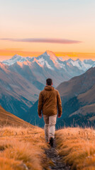 Fototapeta premium A man hiking alone in the mountains at sunrise, a sense of adventure and solitude in his stride