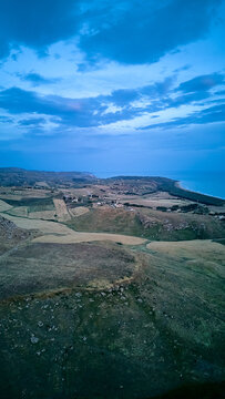 Heraclea Minoa. Sunset Magic on the Sicilian Coast. Sunset drone view, Sicily, Italy. 