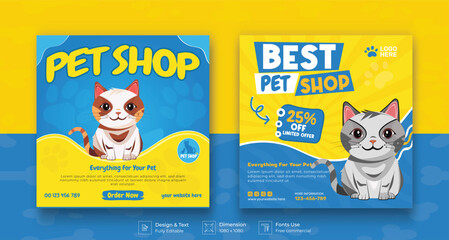 Pet shop social media post template with cute pets and animal . Colorful banner design with happy pet, cats. Vector cartoon illustration for veterinary store