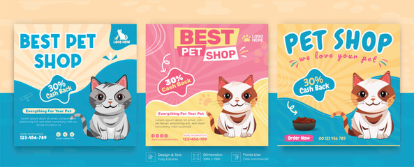 Pet shop, veterinary clinic, pet grooming, pet clinic social media post with cute pets and animal . happy pet, cats. Vector cartoon illustration for veterinary store