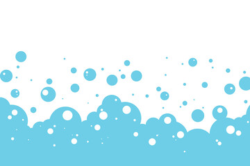 Cartoon soap bubble blue background, bath foam frame, shower water pattern, laundry transparent suds.